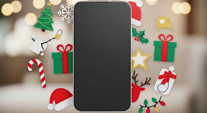 A black smartphone with a blank screen is surrounded by festive christmas decorations and blurred bokeh lights creating a holiday themed mockup - Powered by Adobe