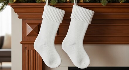 Cozy white cable knit christmas stockings hung on a traditional wooden fireplace mantle with festive greenery and a star ornament