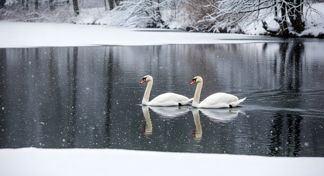 Two elegant white swans glide peacefully together on calm misty water surrounded by snow-covered trees and winter landscape, creating a serene and romantic scene that perfectly captures the grace, bea