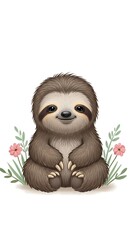 Fototapeta premium Adorable Baby Sloth with Flowers - A Charming Illustration.