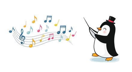 Charming conductor penguin orchestrating a symphony of colorful musical notes, bringing joy and harmony to any project.