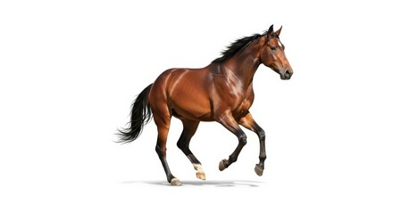 Obraz premium Brown Horse Galloping on White Background - A powerful brown horse gallops freely, symbolizing strength, agility, freedom, energy, and speed against a clean white backdrop