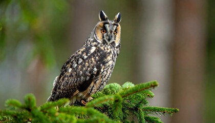 Bird of prey perched atop a pine branch against blurred forest