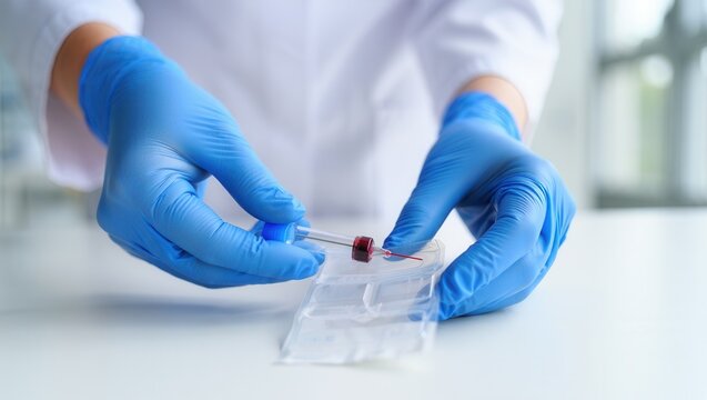 A laboratory technician in blue gloves prepares a blood sample for analysis. The setting is a clean lab environment, conveying professionalism and precision. - Powered by Adobe