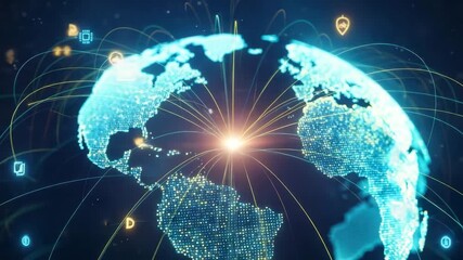 Digital globe with glowing lines and icons representing global connectivity and data transfer - Powered by Adobe