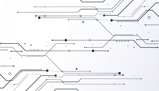 Clean and Abstract Digital Circuitry Background with Interconnected Lines, Nodes, and Subtle Text Elements on a Bright White Surface, Symbolizing Technology Flow. - Powered by Adobe
