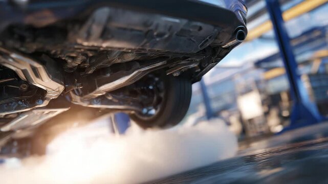 196Hyperrealistic close-up of car undercarriage with shiny exhaust components, hydraulic lift visible above, soft reflections of garage environment