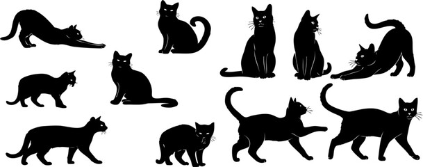Black Cat Silhouette Vector Set &ndash; Elegant Pet Animal Icons in Various Poses for Design and Decoration