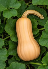 Butternut Squash on Green Leaves - Close-up of a butternut squash resting on large green leaves. Symbolizing harvest, autumn, nutrition, growth, and healthy eating