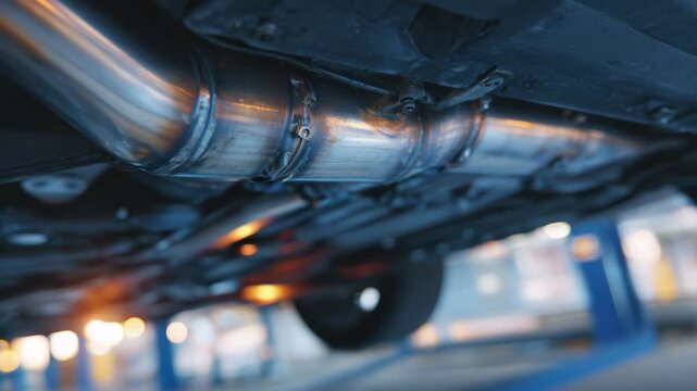 205Close-up of car exhaust system underbody, glowing reflections from garage lights on steel surfaces, bolts and brackets sharply detailed