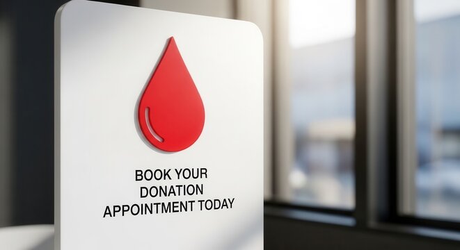 A modern sign encouraging blood donation appointments, featuring a red drop symbol. Ideal for health campaigns and community services.
