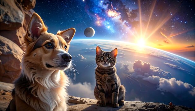 Canine and feline companions admire sunset over a vibrant Earth and space