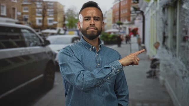 Man points finger to storefront on a busy city street, denim shirt and beard, stern expression, hand extended toward camera; accusation.