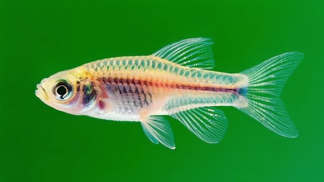 Close up shot of a celestial pearl danio fish swimming in front of a green background color green screen fish video
