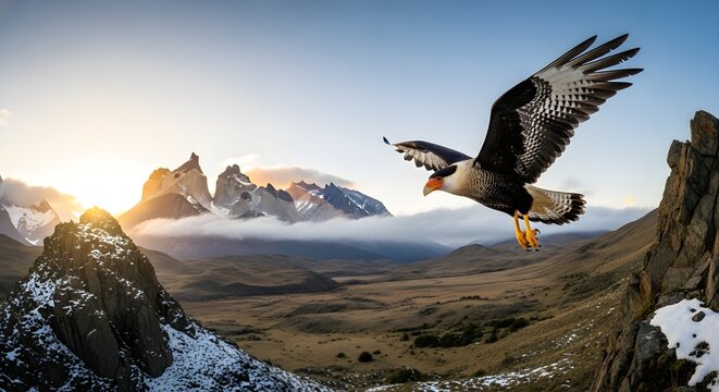 A powerful bald eagle soars majestically through golden sunset light with wings fully extended and talons poised, silhouetted against dramatic snow-capped mountain peaks and valleys, embodying the maj