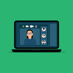 Laptop Screen Showing Video Conference with Three People Keywords: laptop, computer, screen