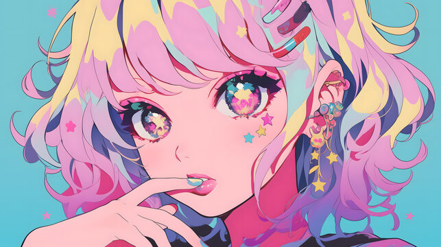 ポップでカラフルなかわいい女の子の顔のアップ、アニメ風イラスト