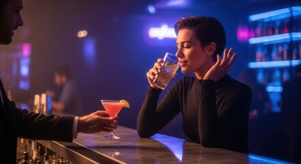A woman savoring a cocktail while seated at a bar. The setting is vibrant and modern, creating a relaxed and social atmosphere.