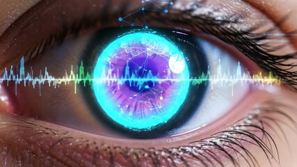 Closeup of a futuristic eye with digital interface and sound wave overlay - Powered by Adobe