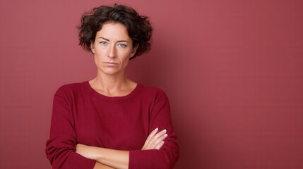 A woman with curly hair stands with arms crossed, displaying a serious expression. The background is a solid red color, creating a bold contrast.