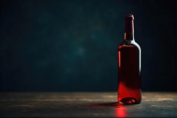A single, empty wine bottle rests on a dark wooden surface, subtly illuminated, conveying a sense of loneliness and the aftermath of excessive drinking , wood, temptation
