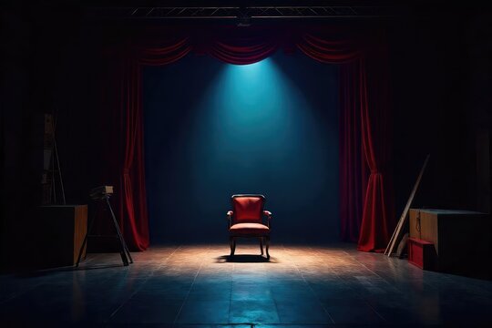 A dimly lit theater backstage, props scattered, a single spotlight illuminating an empty chair, suggesting a recent, mysterious departure , play, theatrical lighting