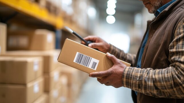 A warehouse worker scans a package with a barcode scanner in a storage facility. The setting is organized and focused on logistics and inventory management.
