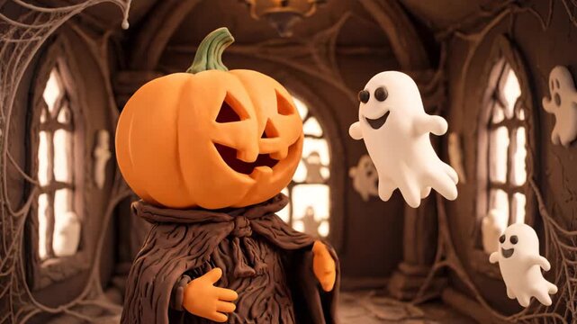 Smiling Jack O Lantern Character with Friendly Ghosts in Spooky Cobweb Haunted House Interior with Dim Lighting