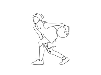 Continuous line art drawing of Female Basketball player ribbling ball. woman playing basketball in single outline illustration.