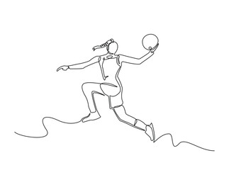 Fototapeta premium Continuous line art drawing of Female Basketball player ribbling ball. woman playing basketball in single outline illustration.