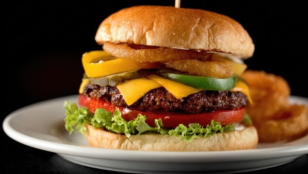 A close-up shot of a gourmet burger on a plate with onion rings