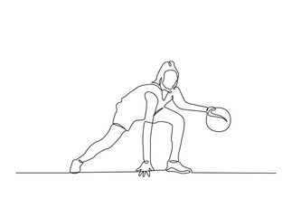 Continuous line art drawing of Female Basketball player ribbling ball. woman playing basketball in single outline illustration.