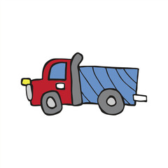 Hand-drawn red and blue toy dump truck on white background Keywords: truck, dump truck, toy