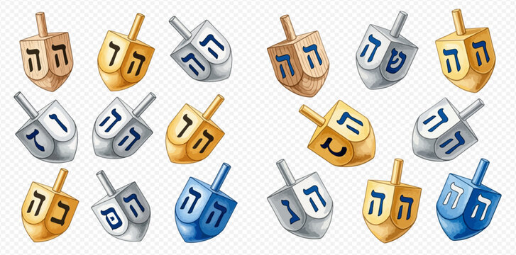 Collection of colorful dreidels with Hebrew letters, traditional Hanukkah spinning tops for Jewish holiday celebration.