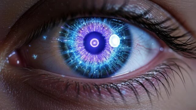 Closeup of a human eye with a futuristic digital circuit pattern overlay on the iris