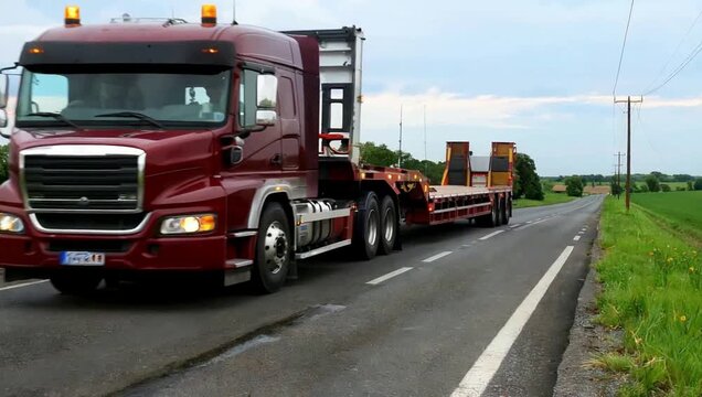 Red heavy-duty truck with flatbed trailer on rural road