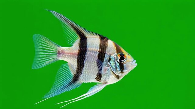 Close up of a white and black striped angelfish swimming against a green background in an aquarium green screen fish video