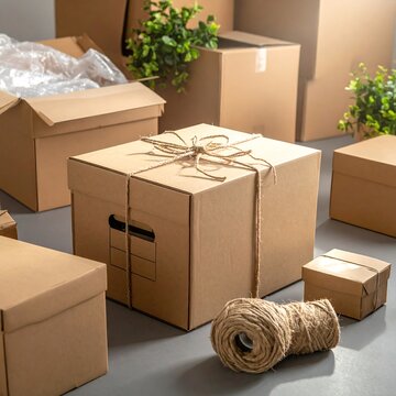 Cardboard boxes of different sizes with twine, ready for packing and moving