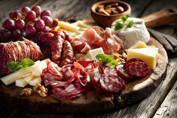 Delicious charcuterie board with meats, cheeses, and fruits arranged on a wooden platter