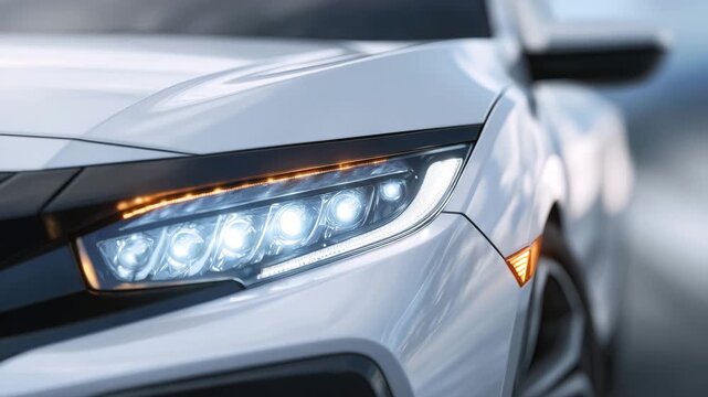 223Hyperrealistic macro of a car headlight, white daytime running lights and amber indicators glowing sharply, reflections of smooth metallic surfaces on a white background