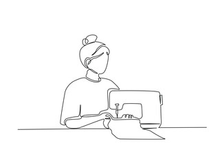 Continuous line art drawing of woman work with sewing machine. woman using sewing machine in single outline illustration.