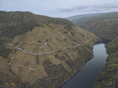 Aerial view of the serpentine river reflects the overcast sky between the steep, terraced hillsides of Ribeira Sacra, Sober, Lugo, Spain.