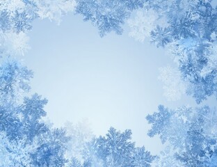 Icy snowflakes frame a soft, gradient blue winter background