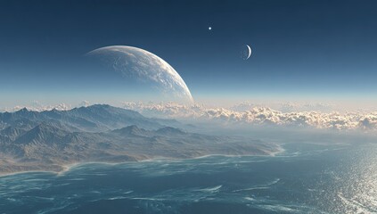 Alien world vista water, land, and two moons under a cerulean sky