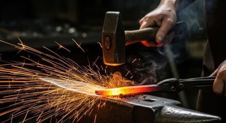 A blacksmith using a hammer to forge a hot metal object on an anvil with sparks flying.