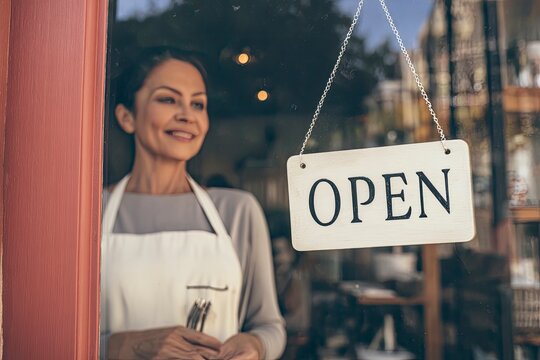 Smiling Woman Welcomes Customers with Open Sign at Local Business