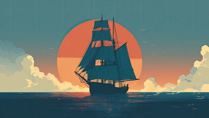 Silhouette of a tall sailing ship against a setting sun over ocean waves and clouds