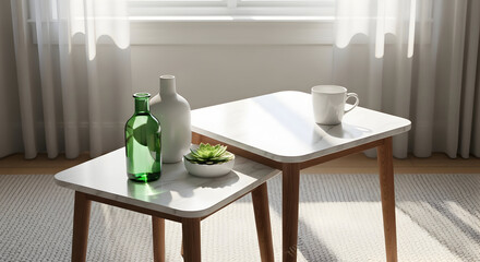 Close-Up of Table Surface with Bottle, Cup, and Natural Light