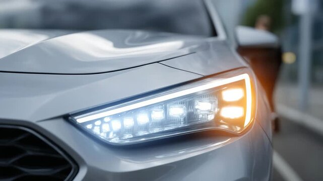 242Automotive headlight close-up, white light radiating sharply from LED array, orange light softly glowing, reflections on chrome and glass on a neutral white background