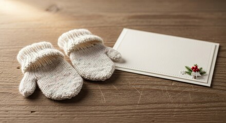 Fototapeta premium A pair of white mittens with a holly berry on a wooden table.